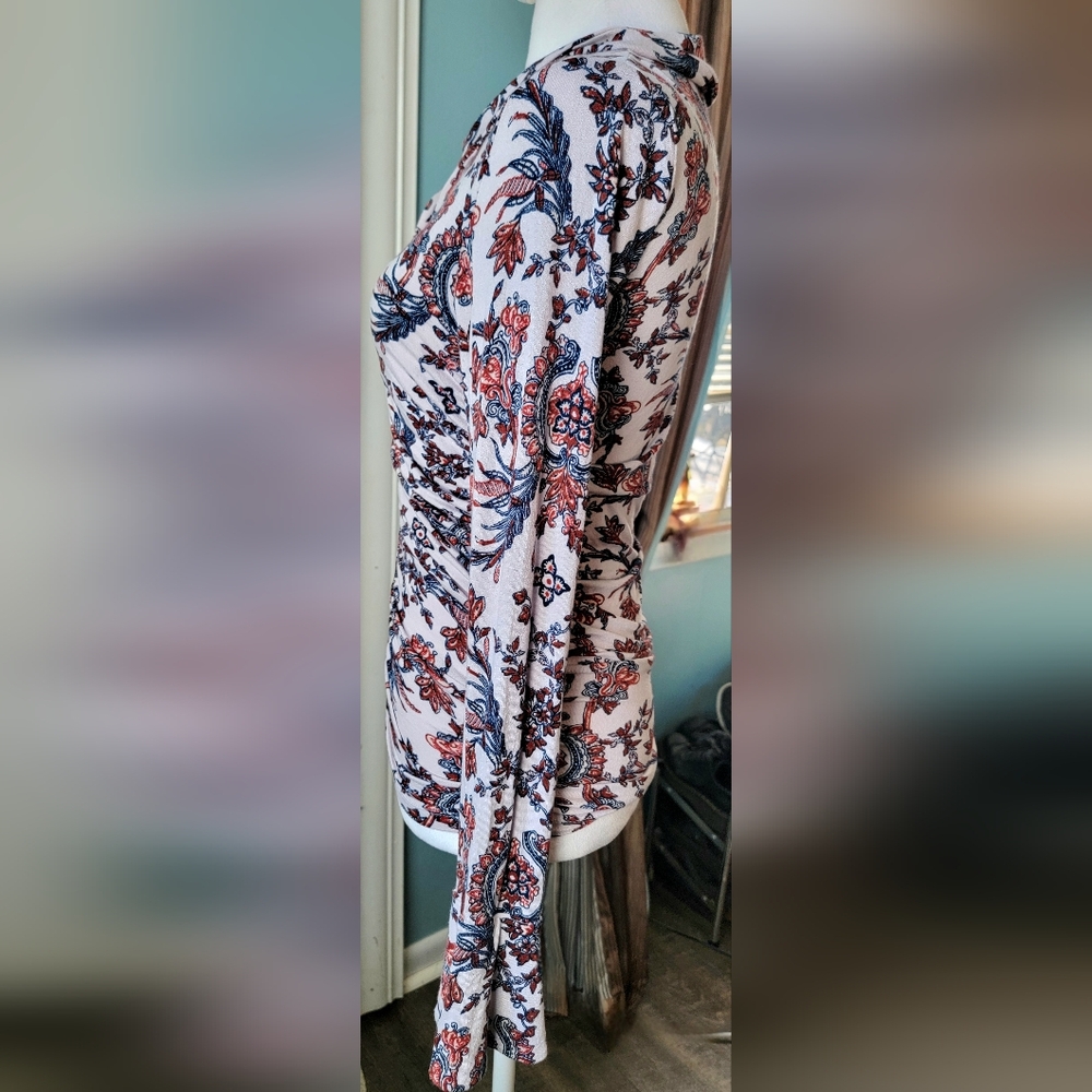 Free People Ruched 1/2 Button Down Blouse Womens S Cream Navy Rust Floral Boho - Picture 2 of 9